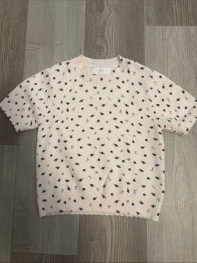Ivory girls Short Sleeve Knit Sweater with Navy & Rust Floral Dots